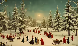 a group of people wearing coats and a sleigh
