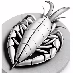 an intricate metal sculpture of a scorpion on a plate