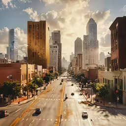city traffic with cars and a street lined with tall buildings
