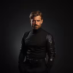 man with a goatee and long beard wearing a black leather shirt,a man wearing a black outfit is posing for the camera