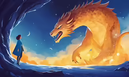 a man standing next to an dragon in a cave
