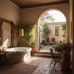 a living area with a tub, plants, and a chair