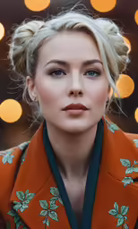a woman with blonde hair wearing an orange jacket