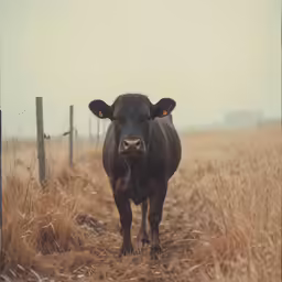 a black cow standing in the middle of a field