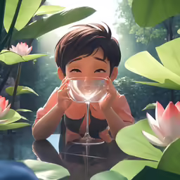 the young child is holding a glass in front of her face