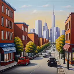 this is an impression on a painting of city street,this painting shows an urban street with cars and buildings,a painting of cars on the street by buildings,a painting of a city street in the evening,there is a painting of an urban street in the daytime