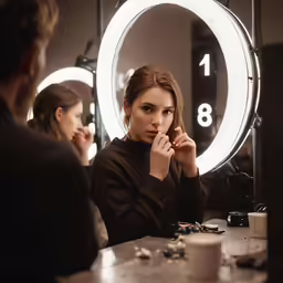 the girl is looking at her reflection in the mirror