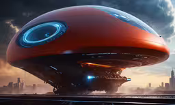 futuristic city landscape, with cars, a huge red object and lights on it,an orange futuristic flying object with light shining in its face