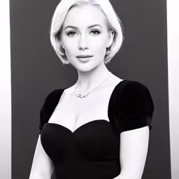 a black and white photo of a woman with blonde hair