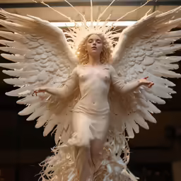 statue of a white angel surrounded by thin white branches