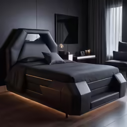 a bed sitting next to a black wall in a bedroom