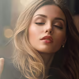 a beautiful young woman is blowing her hair with her eyes closed