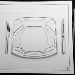 a plate with knife and fork in it on top of a paper