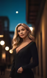 a woman in a black dress is posing for the camera