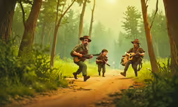 a group of people are playing guitar in the woods,two people are playing with children on a dirt road in the woods