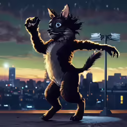 a black and white cat standing on his hind legs in the middle of the night