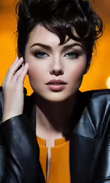 woman wearing a black leather jacket posing
