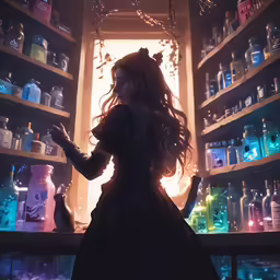 a girl in a black dress standing in front of shelves full of bottles