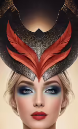 a woman with a blue and red feather headpiece