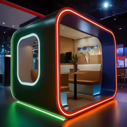 a modern looking display room that has a neon green and red