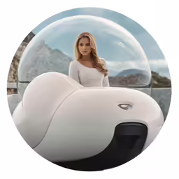a woman in white shirt sitting on a futuristic chair