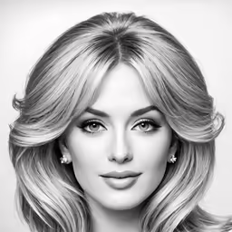 a woman in black and white posing with a shoulder length hair