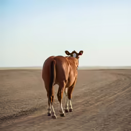 a brown horse standing in the middle of an empty field