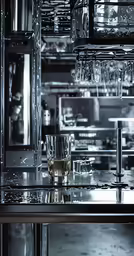 there are glass dishes on this bar table