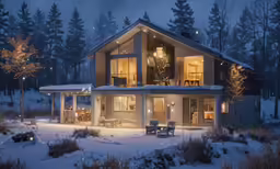 a nice house on the snow in the forest