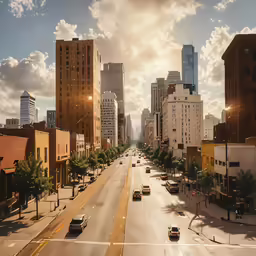 an empty street is surrounded by tall buildings