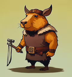 an orange rat holding a pickaxant and pointing it at the camera,an animal dressed in the viking armor holding a sword