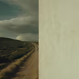 a person walking along a dirt road near grass