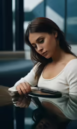 a woman sits at a table in front of a mirror