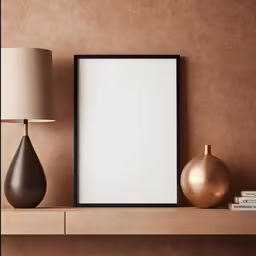 a photo frame with some gold vases on a shelf