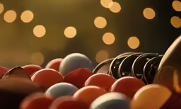 many different colored balls in a container and some lights