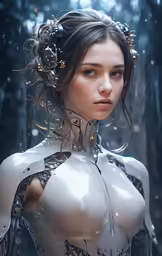 a woman with a piece of clothing and hair in the shape of flowers