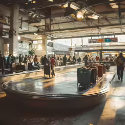 people standing and walking through the inside of a building with luggage on a round metal stand