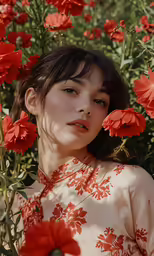 a beautiful woman standing in a field of red flowers