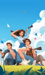 a bunch of people in the grass with guns