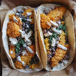two burritos covered in various types of toppings