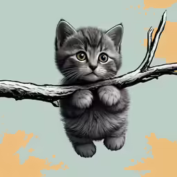 a cat climbing a branch over a small kitten