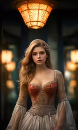 a woman wearing a dress in front of a lamp