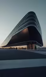 a tall black and white building with an angled roof
