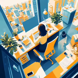 a woman in an office desk with laptop on the table