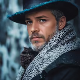 the young man with a white mustache wearing a blue hat and scarf is staring off to the right