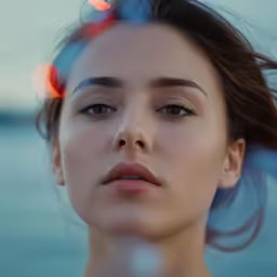 the young girl is photographed with multiple lights around her head