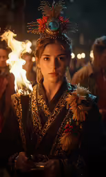 a woman with fire burning on her head and wearing a headdress