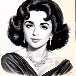 a woman in a black dress with pearls