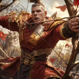 a man is aiming with an arrow, in a wooded area