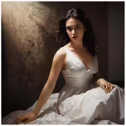 a woman is posing on the bed in a white dress